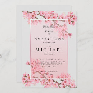 Pink floral cherry blossom wedding invitation