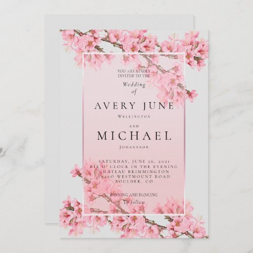 Pink floral cherry blossom wedding invitation