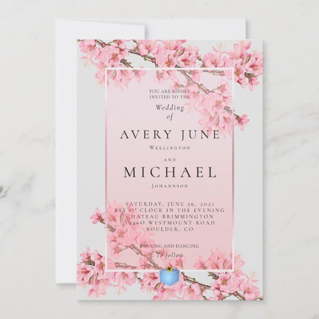 Pink floral cherry blossom wedding invitation (Front)