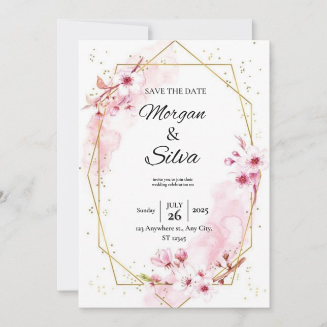 Pink floral cherry blossom wedding invitation (Front)