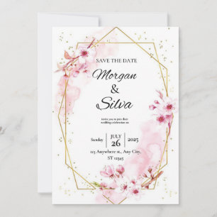 Pink floral cherry blossom wedding invitation
