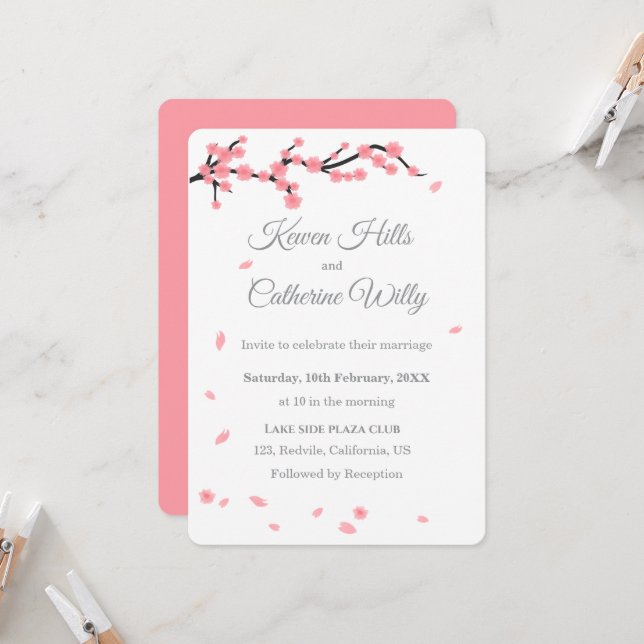 Pink Floral Cherry Blossom Wedding Invitation (Front/Back In Situ)