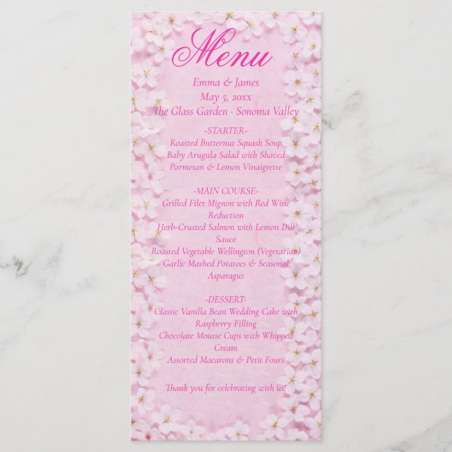 Pink Floral Cherry Blossom Wedding Menu Card (Front)