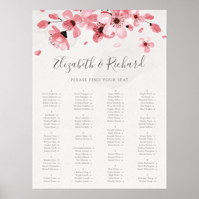 Pink Floral Cherry Blossom Wedding Seating Chart (Front)