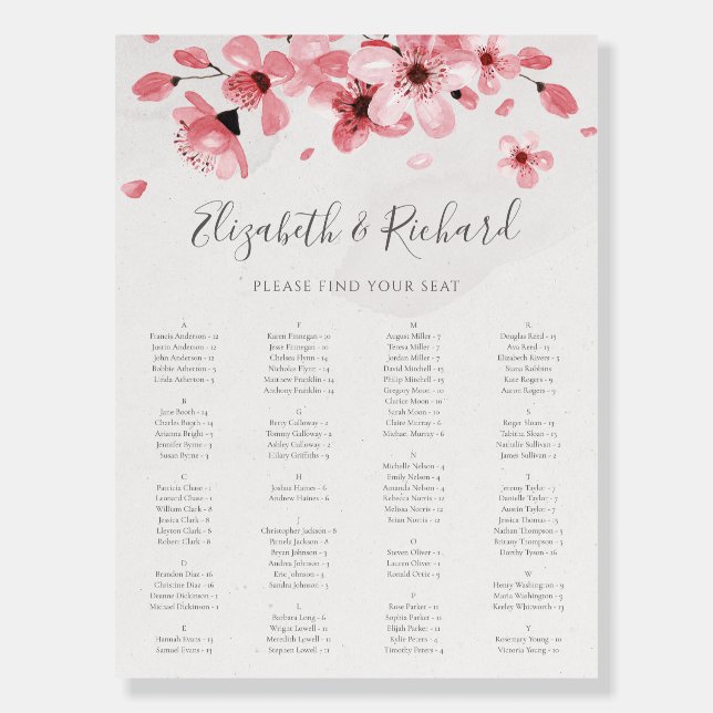 Pink Floral Cherry Blossom Wedding Seating Chart Foam Board (Front)