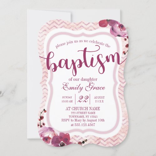 Pink Floral Chevron Baby Girl Baptism Invitation