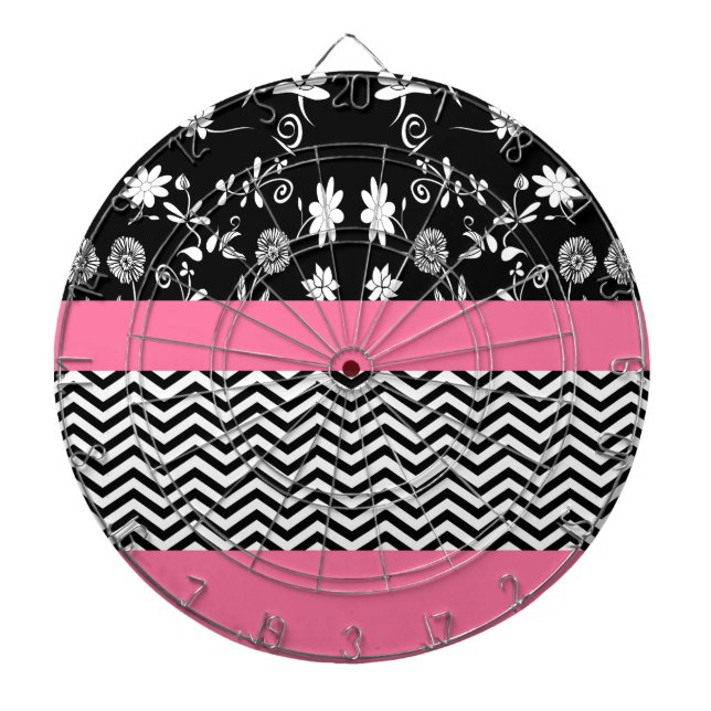 pink floral chevron dartboard with darts (Front)