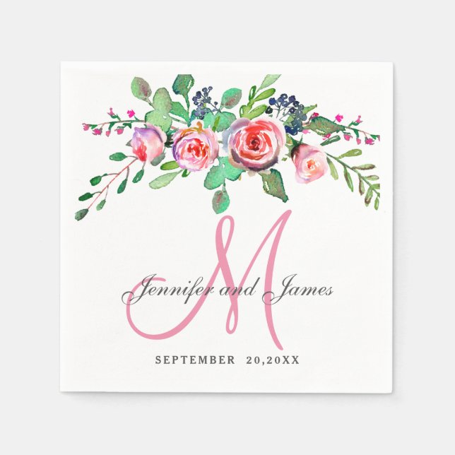 Pink Floral Chic Elegant Names Monogram Wedding Paper Napkins (Front)