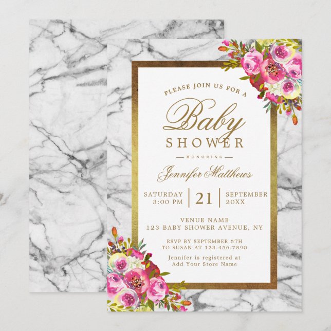 Pink Floral Chic Gold Black Marble Baby Shower Invitation (Front/Back)
