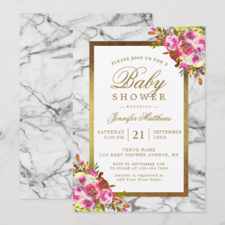 Pink Floral Chic Gold Black Marble Baby Shower Invitation