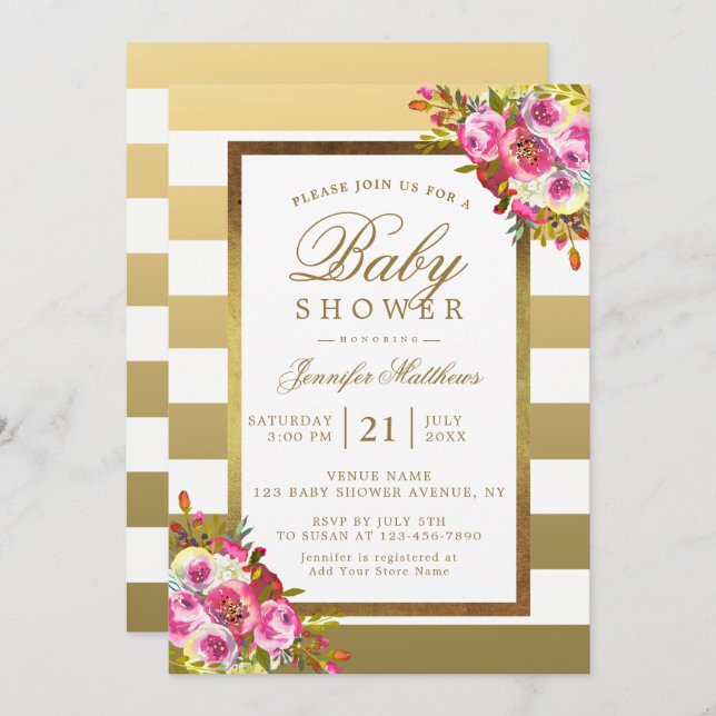 Pink Floral Chic Gold White Stripes Baby Shower Invitation (Front/Back)