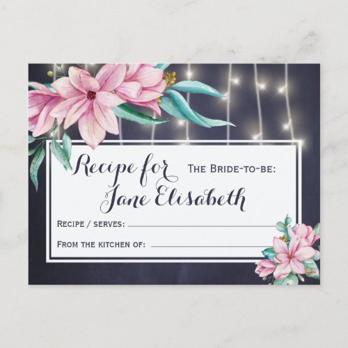 Pink floral chic navy bride to be recipe postcard