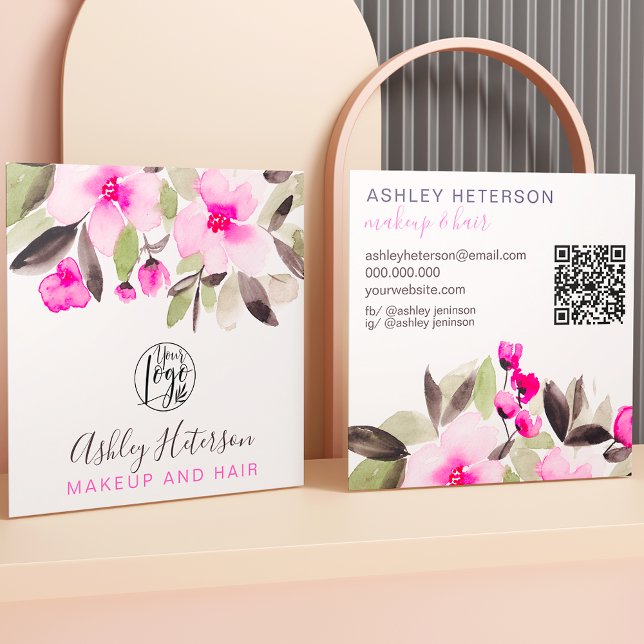 pink floral chic qr code logo hair makeup square business card (Creator Uploaded)
