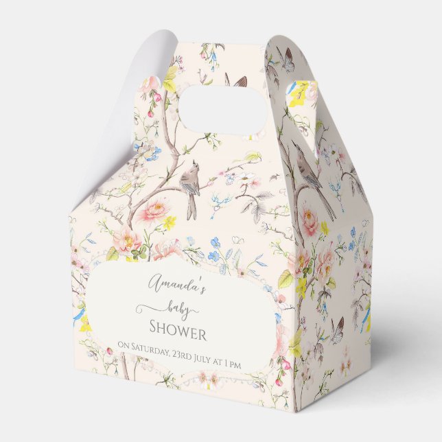 Pink Floral Chinoiserie Baby Shower Favor Boxes (Front Side)
