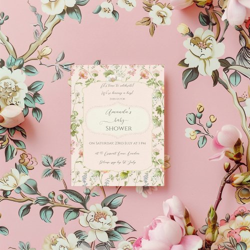 Pink Floral Chinoiserie Baby Shower Invitation