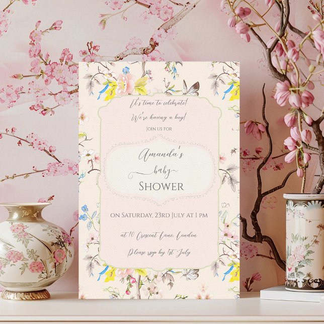 Pink Floral Chinoiserie Baby Shower Invitation (Creator Uploaded)