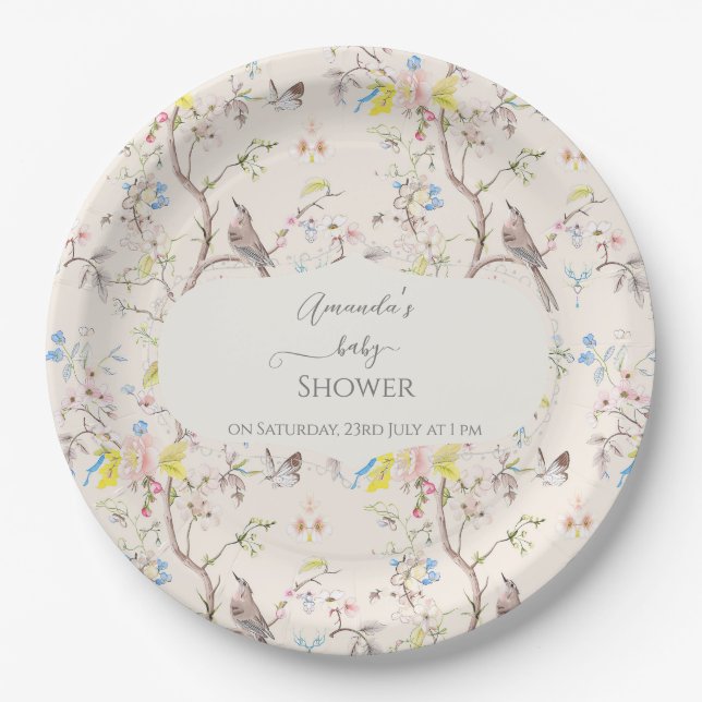 Pink Floral Chinoiserie Baby Shower Paper Plates (Front)