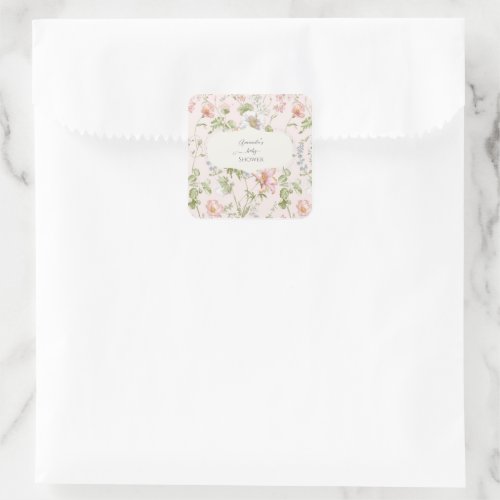Pink Floral Chinoiserie Baby Shower Square Sticker