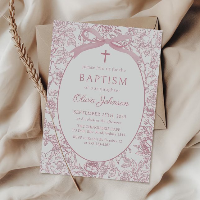 Pink Floral Chinoiserie Baptism Invitation (Creator Uploaded)