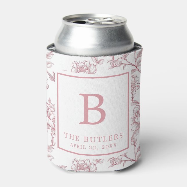 Pink Floral Chinoiserie Initial Wedding Can Cooler (Can Front)