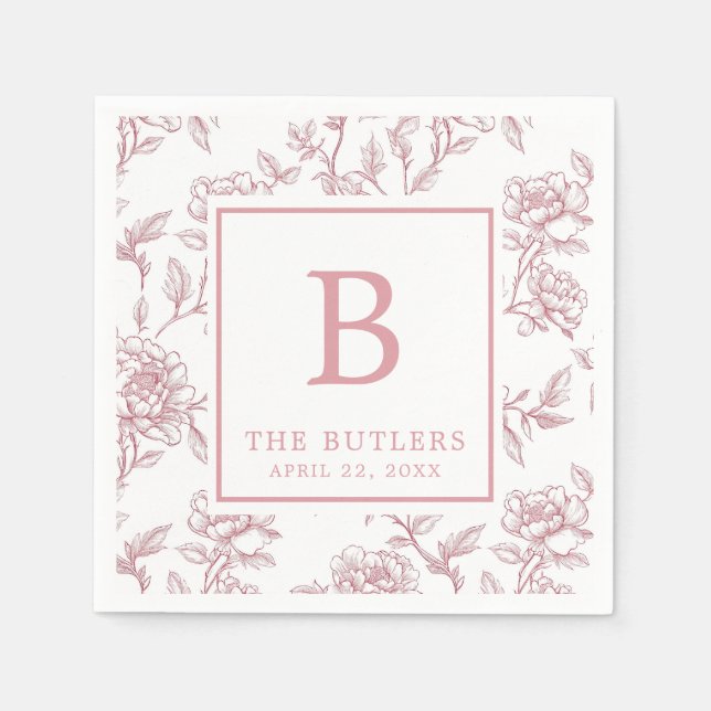 Pink Floral Chinoiserie Initial Wedding Napkins (Front)