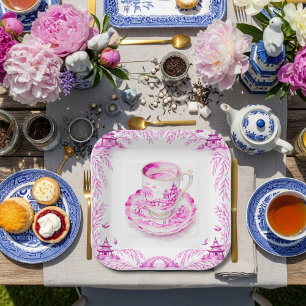 Pink Floral Chinoiserie Teacup WIllow Pagoda Paper Plates