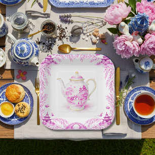 Pink Floral Chinoiserie Teapot WIllow pagoda Paper Plates