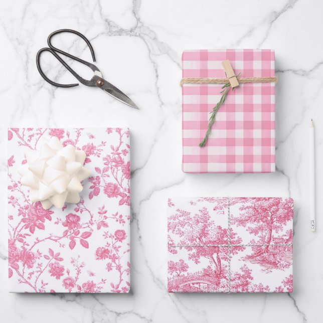 Pink Floral Chinoiserie Toile Wrapping Paper Sheets (Front)