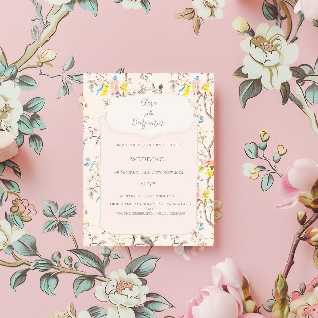 Pink Floral Chinoiserie Wedding Invitation (Creator Uploaded)