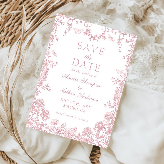 Pink Floral Chinoiserie Wedding Save The Date Card (Creator Uploaded)