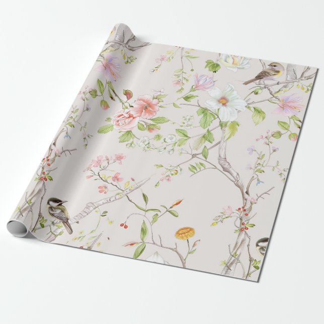 Pink Floral Chinoiserie Wrapping Paper (Unrolled)