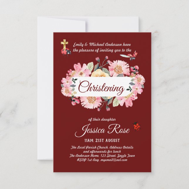Pink Floral Christening Invites Baptism  (Front)