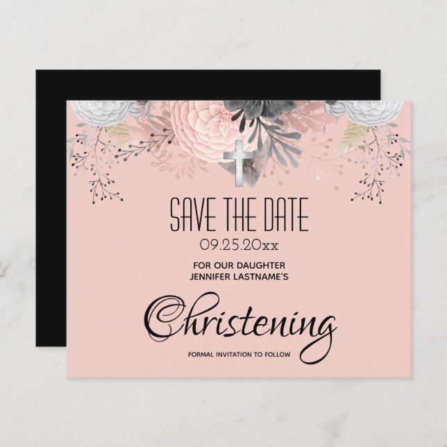 Pink Floral Christening Save the Date Budget (Front/Back)