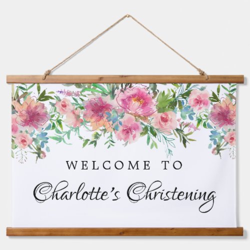Pink Floral Christening Welcome Banner Hanging Tapestry