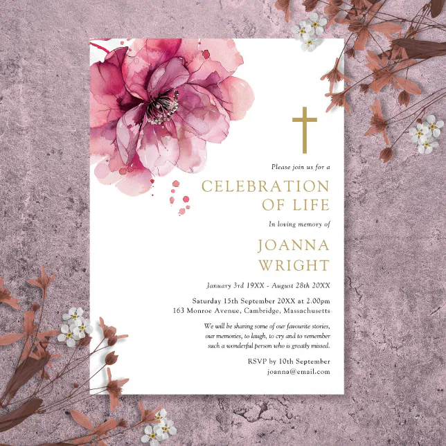 Pink Floral Christian Celebration Of Life Funeral Invitation | Zazzle