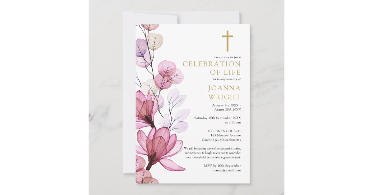 Pink Floral Christian Celebration Of Life Funeral Invitation | Zazzle