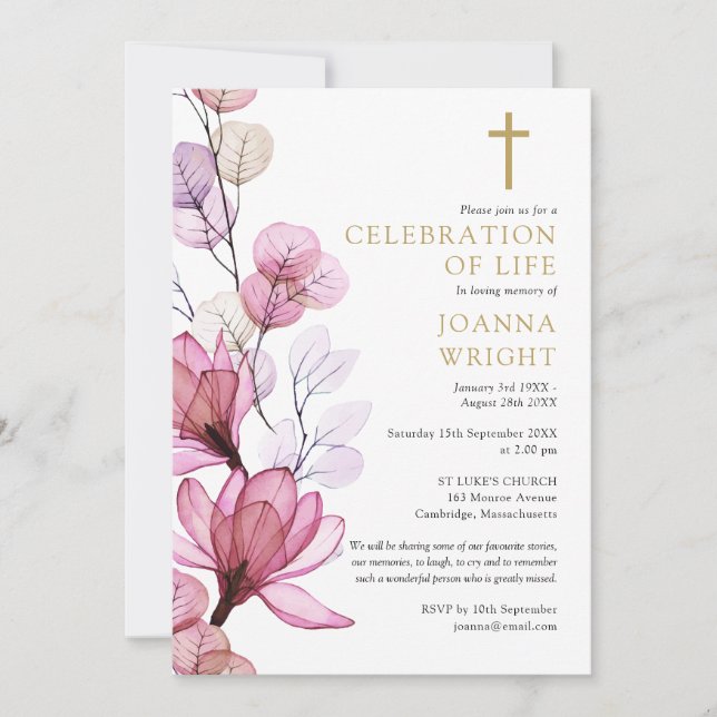 Pink Floral Christian Celebration Of Life Funeral Invitation (Front)