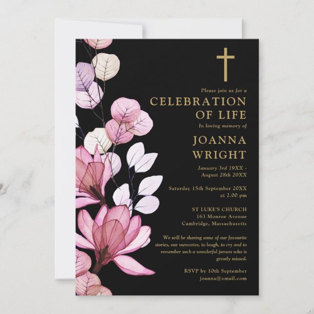 Pink Floral Christian Celebration Of Life Funeral Invitation (Front)