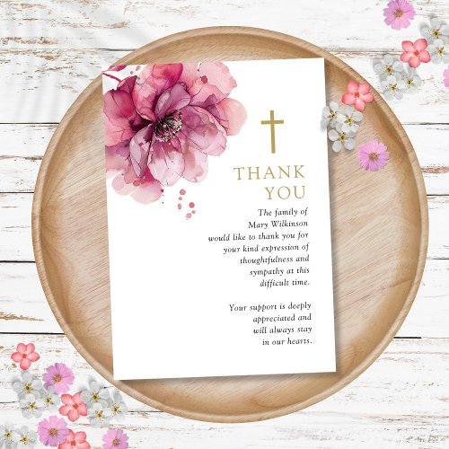 Pink Floral Christian Celebration Of Life Funeral Thank You Card