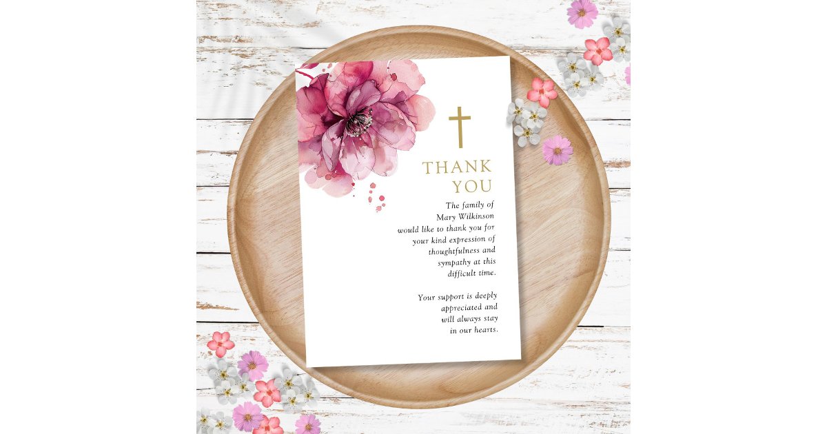 Pink Floral Christian Celebration Of Life Funeral Thank You Card | Zazzle