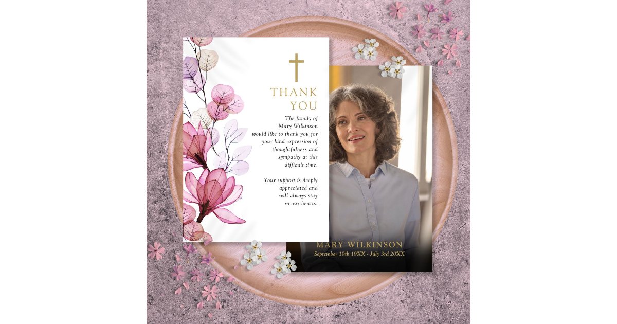Pink Floral Christian Celebration Of Life Photo Thank You Card | Zazzle