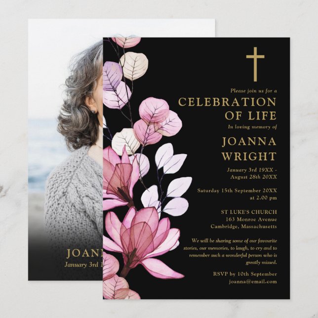 Pink Floral Christian Memorial Funeral Photo Invitation (Front/Back)