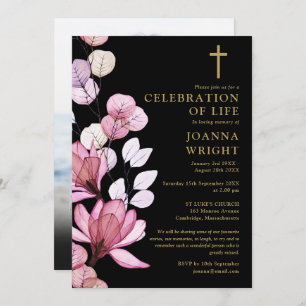 Pink Floral Christian Memorial Funeral Photo Invitation