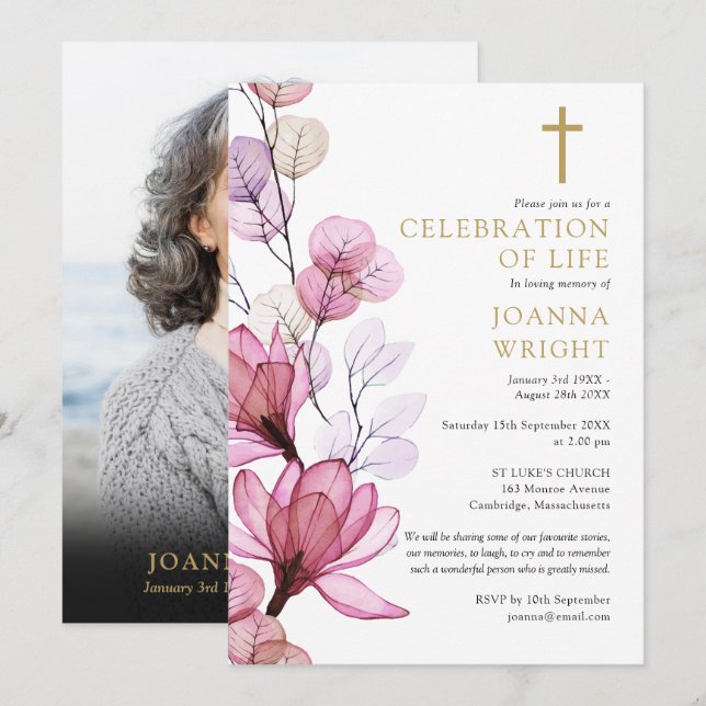 Pink Floral Christian Memorial Funeral Photo Invitation (Front/Back)
