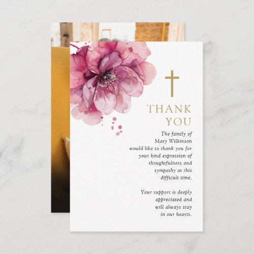 Pink Floral Christian Memorial Funeral Photo Thank You Card