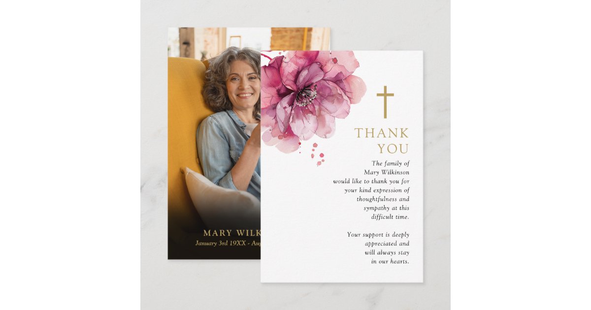 Pink Floral Christian Memorial Funeral Photo Thank You Card | Zazzle