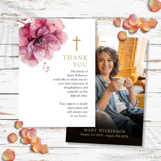 Pink Floral Christian Memorial Funeral Photo Thank You Card | Zazzle