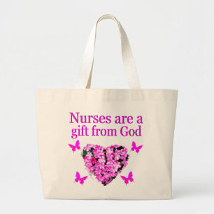 PINK FLORAL CHRISTIAN NURSE DESIGN LARGE TOTE BAG