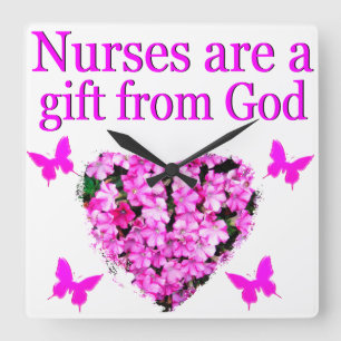 PINK FLORAL CHRISTIAN NURSE DESIGN SQUARE WALL CLOCK