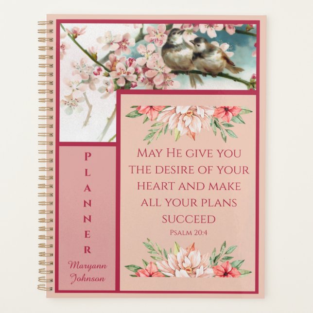Pink Floral Christian Planner with Birds (Front)